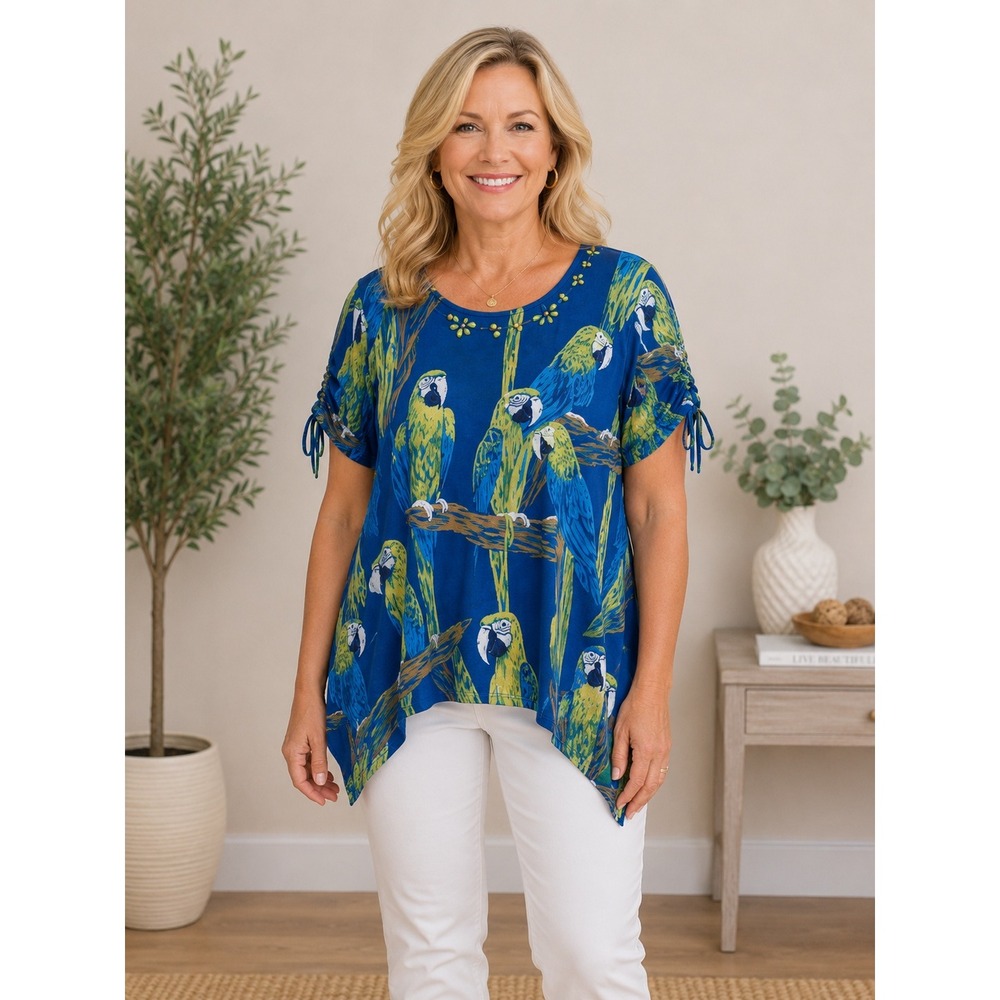 Alfred Dunner Parrot Top Womens PXL Blue Tropical Embellished Ruched Sleeve